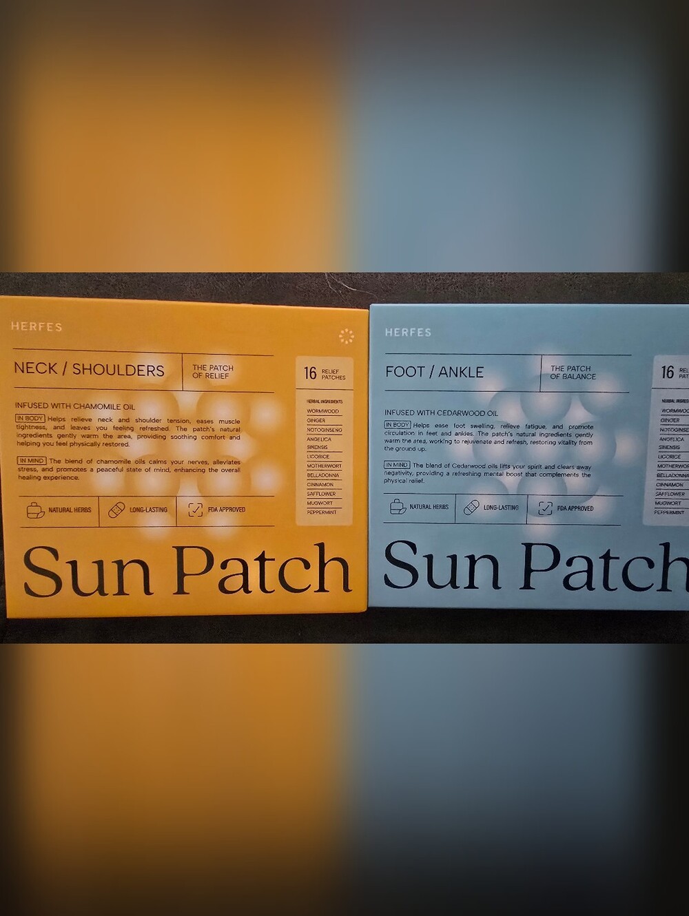 Herfes Pain ReliefNeck & Shoulders Patch - Yellow & Foot/Ankle Patch-Blue-2 Pack